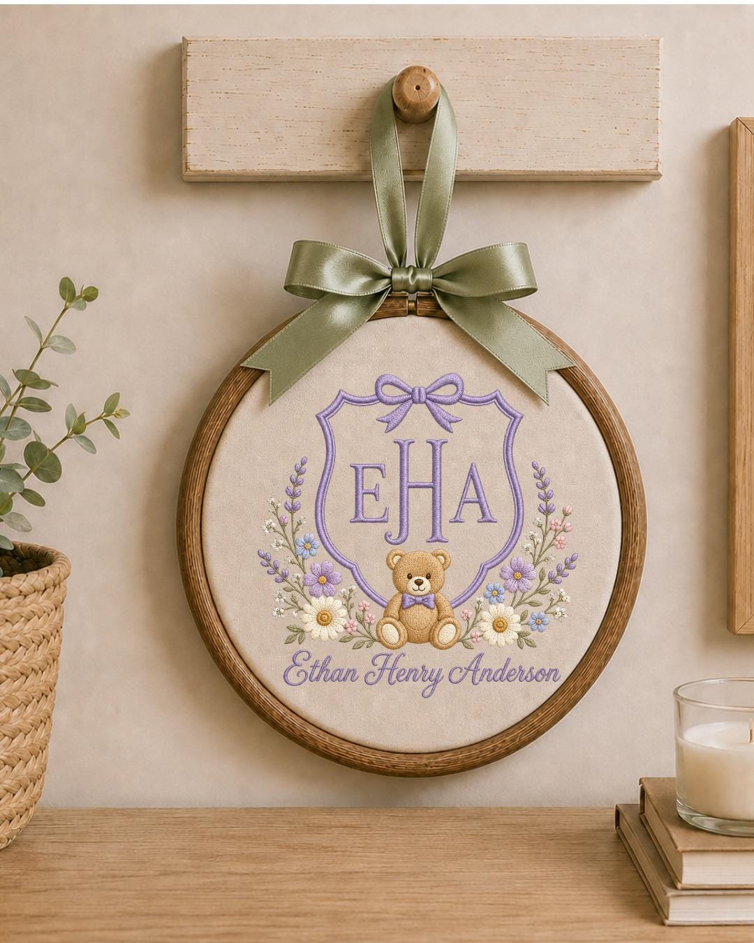 Personalized Monogram Teddy Bear Embroidered Ornament, Custom Baby Name Hoop, Floral Initial Nursery Decor, Newborn Keepsake, Baby Gift