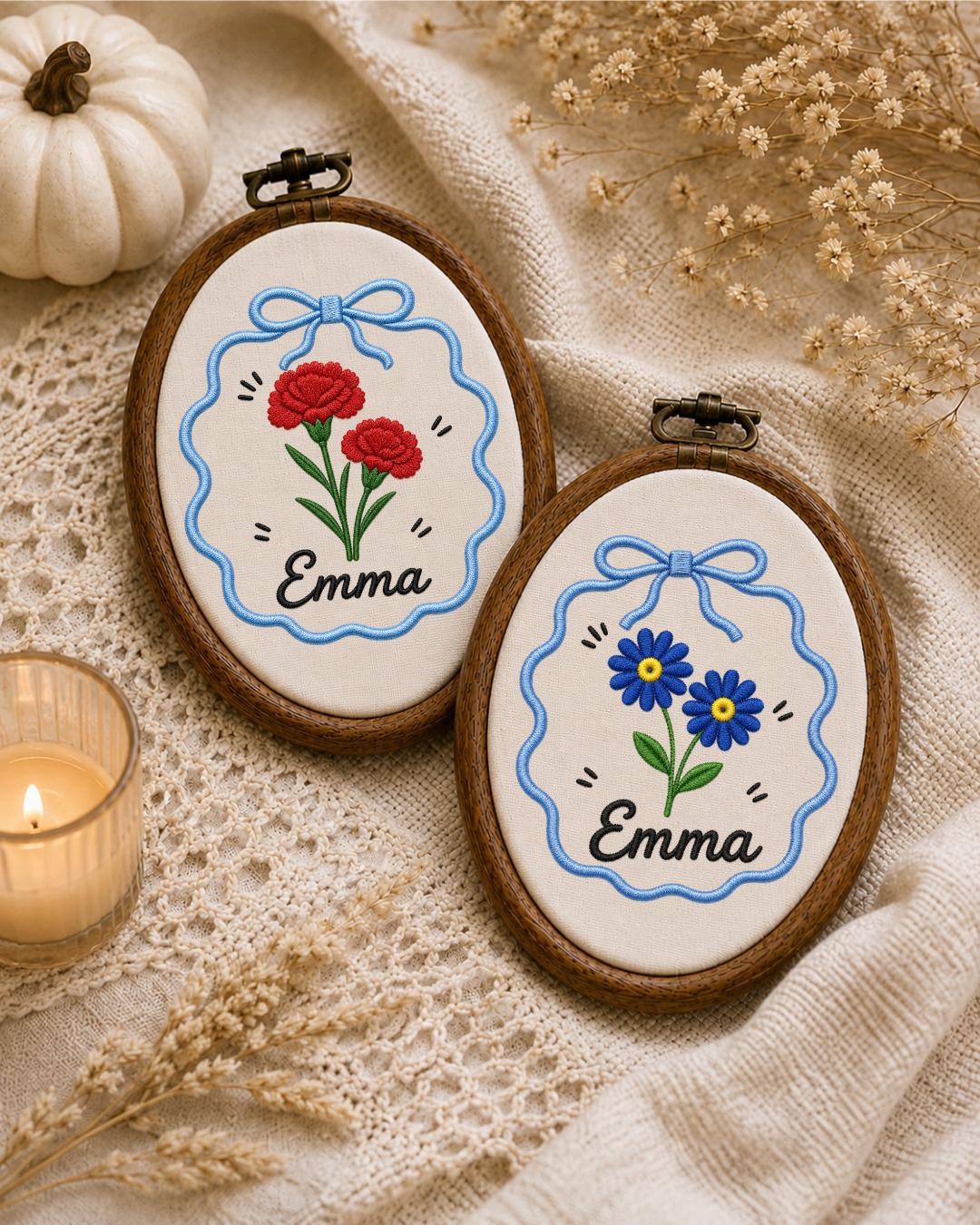 Personalized Carnation Embroidered Ornament, Custom Name Floral Hoop, Birth Flower Gift, Red Flower Decor, Personalized Keepsake