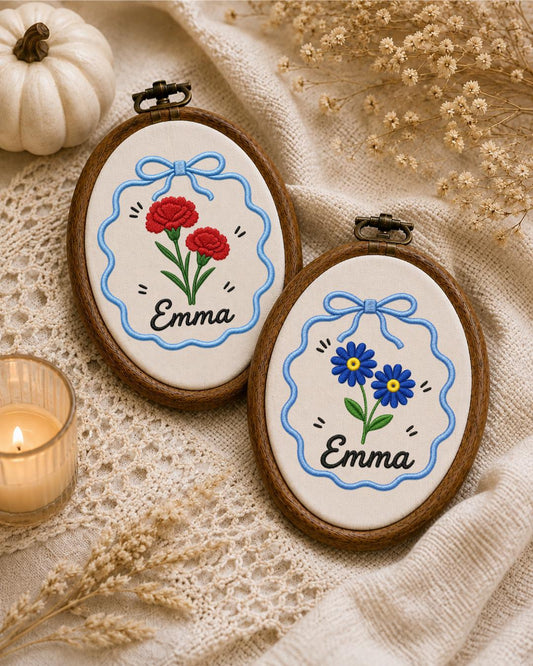 Personalized Carnation Embroidered Ornament, Custom Name Floral Hoop, Birth Flower Gift, Red Flower Decor, Personalized Keepsake