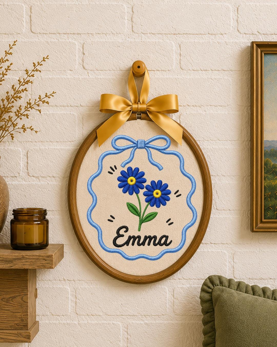 Personalized Carnation Embroidered Ornament, Custom Name Floral Hoop, Birth Flower Gift, Red Flower Decor, Personalized Keepsake