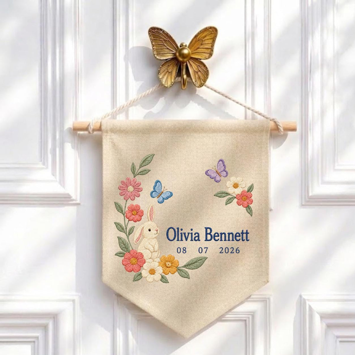 Personalized Bunny Canvas Pennant Banner, Custom Name Olivia Bennett Floral Butterfly Embroidered Baby Girl Nursery Wall Sign Decor