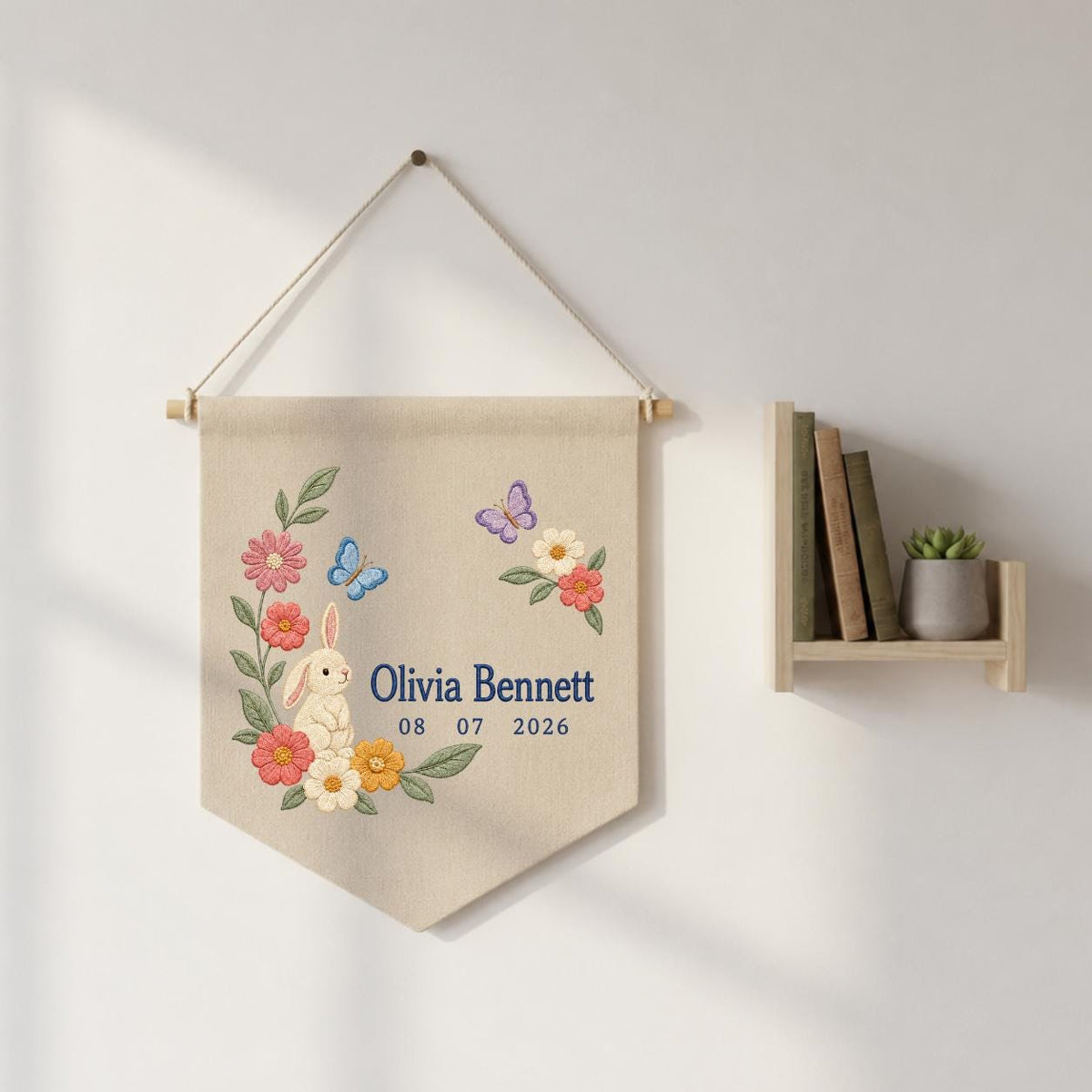 Personalized Bunny Canvas Pennant Banner, Custom Name Olivia Bennett Floral Butterfly Embroidered Baby Girl Nursery Wall Sign Decor