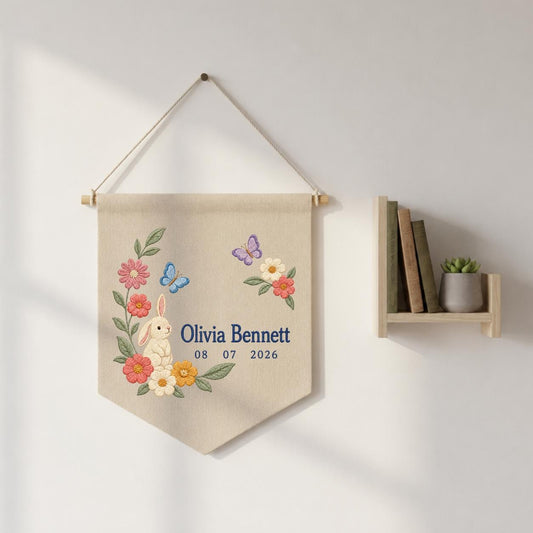Personalized Bunny Canvas Pennant Banner, Custom Name Olivia Bennett Floral Butterfly Embroidered Baby Girl Nursery Wall Sign Decor