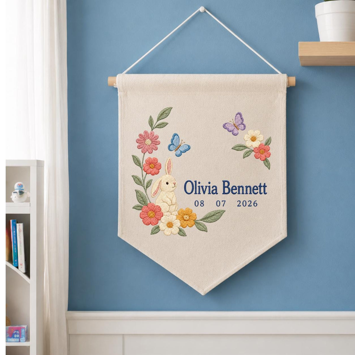 Personalized Bunny Canvas Pennant Banner, Custom Name Olivia Bennett Floral Butterfly Embroidered Baby Girl Nursery Wall Sign Decor