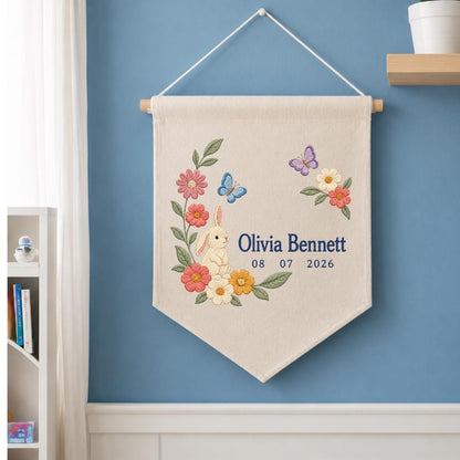 Personalized Bunny Canvas Pennant Banner, Custom Name Olivia Bennett Floral Butterfly Embroidered Baby Girl Nursery Wall Sign Decor