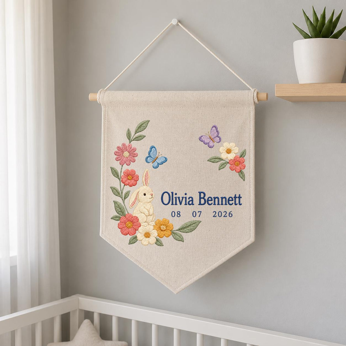 Personalized Bunny Canvas Pennant Banner, Custom Name Olivia Bennett Floral Butterfly Embroidered Baby Girl Nursery Wall Sign Decor