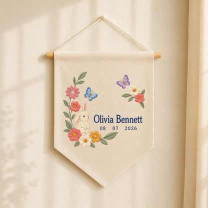Personalized Bunny Canvas Pennant Banner, Custom Name Olivia Bennett Floral Butterfly Embroidered Baby Girl Nursery Wall Sign Decor