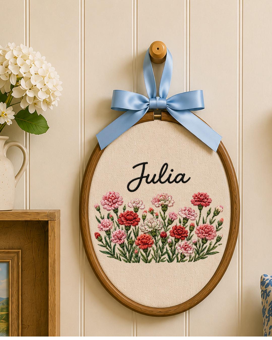 Personalized Birth Flower Embroidered Ornament, Custom Name Floral Hoop, Carnation Poppy Flower Gift, Botanical Keepsake, Nursery Decor