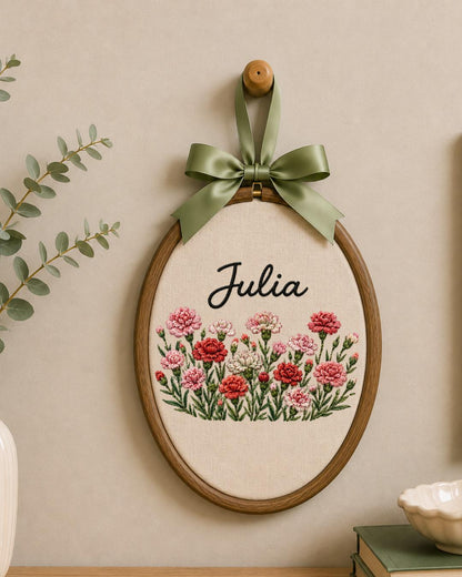 Personalized Birth Flower Embroidered Ornament, Custom Name Floral Hoop, Carnation Poppy Flower Gift, Botanical Keepsake, Nursery Decor