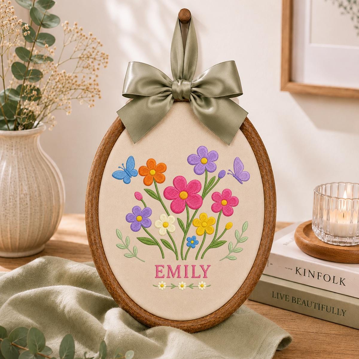 Personalized Floral Garden Oval Hoop Art Decor, Custom Embroidered Wildflower Butterfly Name Sign, Girl Birthday Gift Nursery Decor