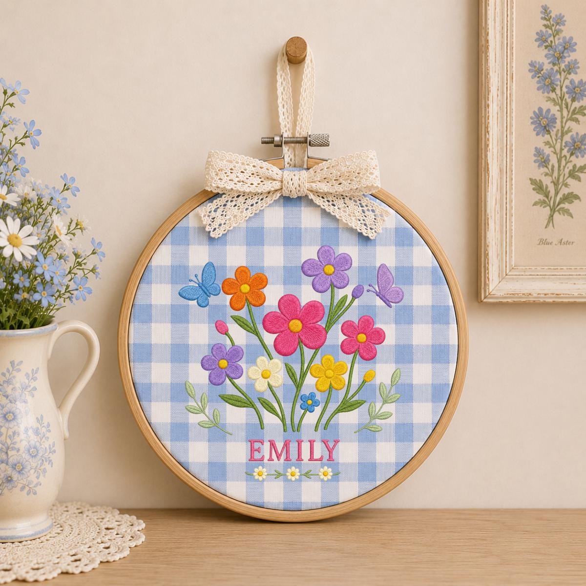 Personalized Floral Garden Oval Hoop Art Decor, Custom Embroidered Wildflower Butterfly Name Sign, Girl Birthday Gift Nursery Decor