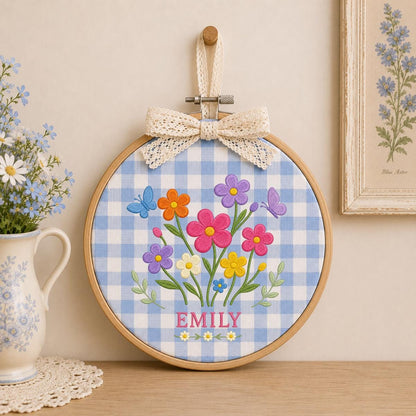 Personalized Floral Garden Oval Hoop Art Decor, Custom Embroidered Wildflower Butterfly Name Sign, Girl Birthday Gift Nursery Decor