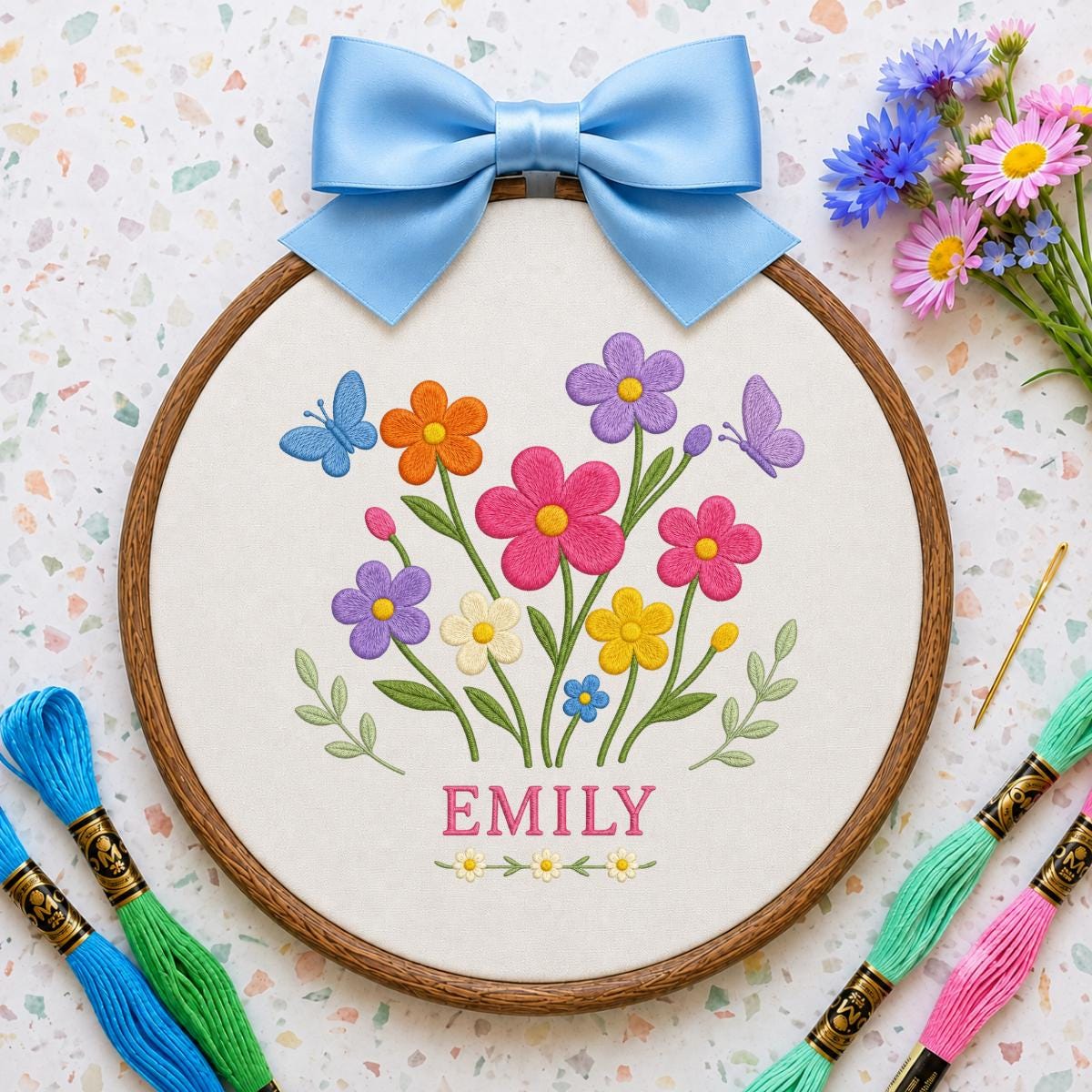 Personalized Floral Garden Oval Hoop Art Decor, Custom Embroidered Wildflower Butterfly Name Sign, Girl Birthday Gift Nursery Decor