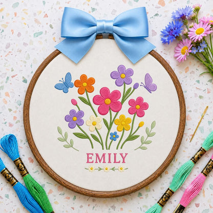 Personalized Floral Garden Oval Hoop Art Decor, Custom Embroidered Wildflower Butterfly Name Sign, Girl Birthday Gift Nursery Decor