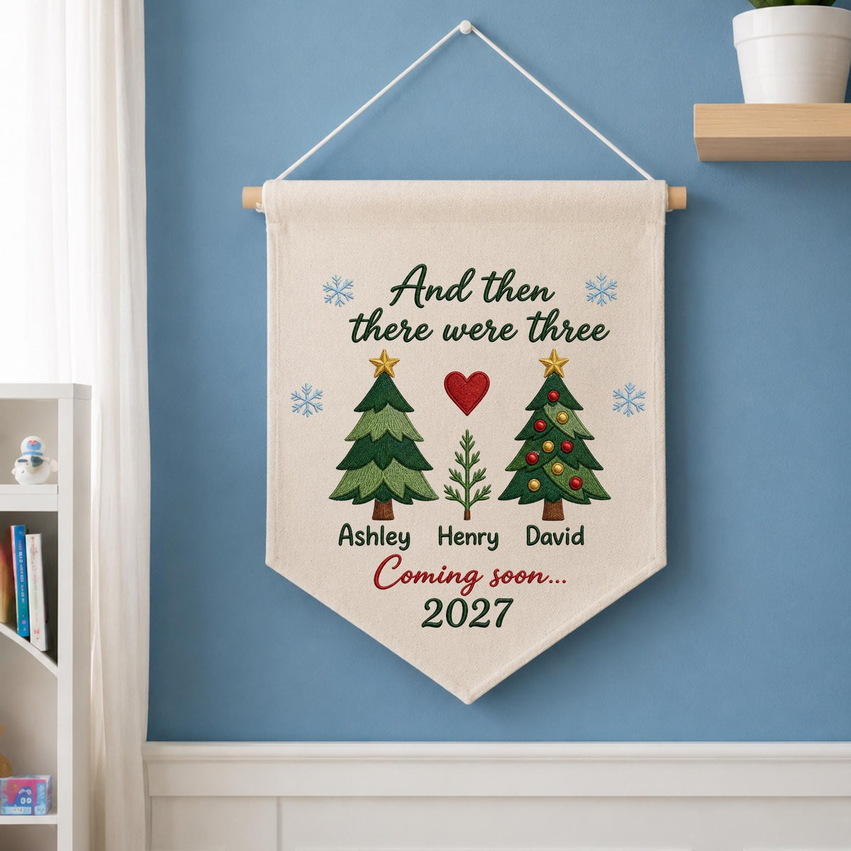 Personalized Pregnancy Announcement Embroidered Wall Hanging Banner, Christmas Baby Announcement, And Then There Were Three, Coming Soon2027