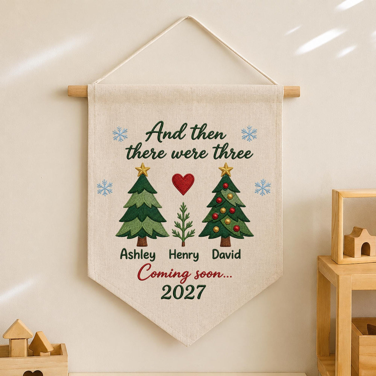 Personalized Pregnancy Announcement Embroidered Wall Hanging Banner, Christmas Baby Announcement, And Then There Were Three, Coming Soon2027