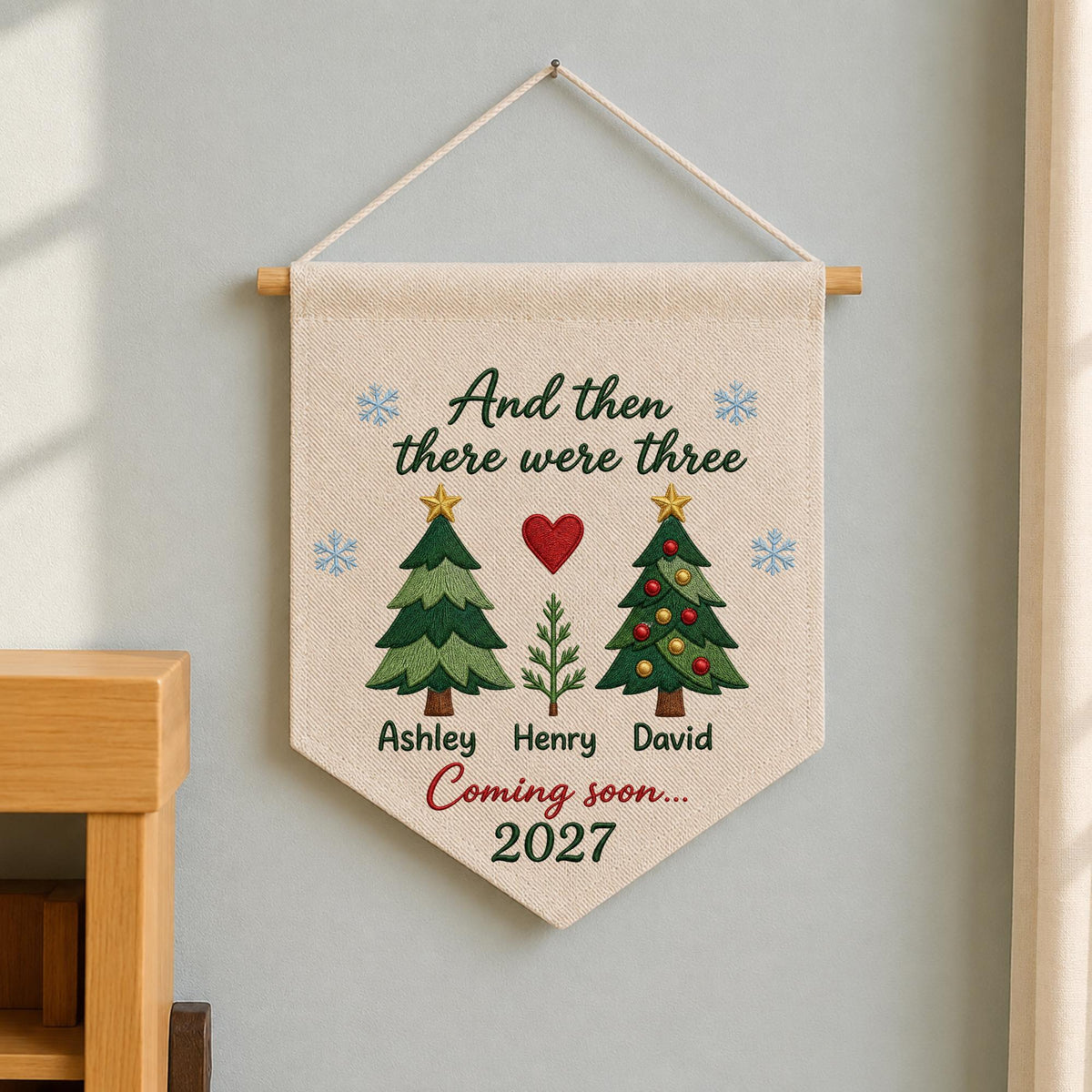 Personalized Pregnancy Announcement Embroidered Wall Hanging Banner, Christmas Baby Announcement, And Then There Were Three, Coming Soon2027