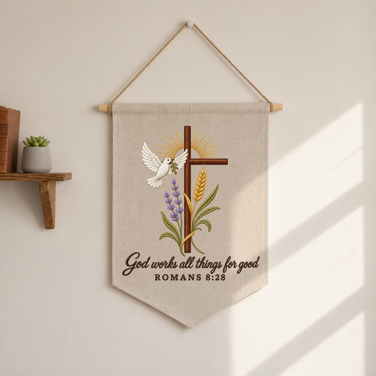 Embroidered Christian Wall Hanging Banner, Romans 8:28 Bible Verse Decor, Cross and Dove Wall Art, Faith Based Christian Home Gift