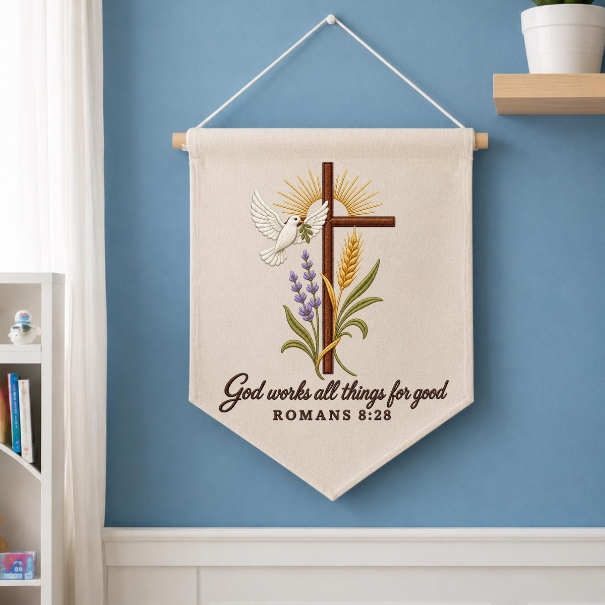 Embroidered Christian Wall Hanging Banner, Romans 8:28 Bible Verse Decor, Cross and Dove Wall Art, Faith Based Christian Home Gift