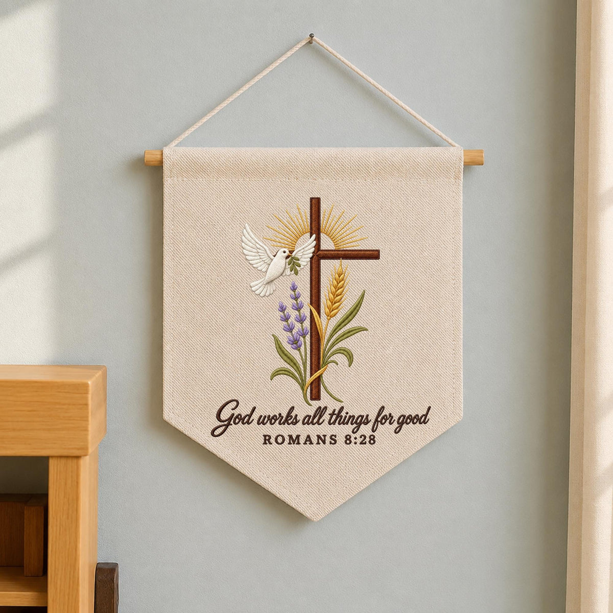 Embroidered Christian Wall Hanging Banner, Romans 8:28 Bible Verse Decor, Cross and Dove Wall Art, Faith Based Christian Home Gift