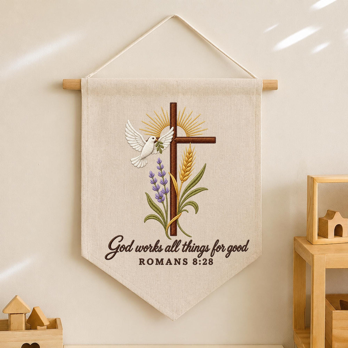 Embroidered Christian Wall Hanging Banner, Romans 8:28 Bible Verse Decor, Cross and Dove Wall Art, Faith Based Christian Home Gift