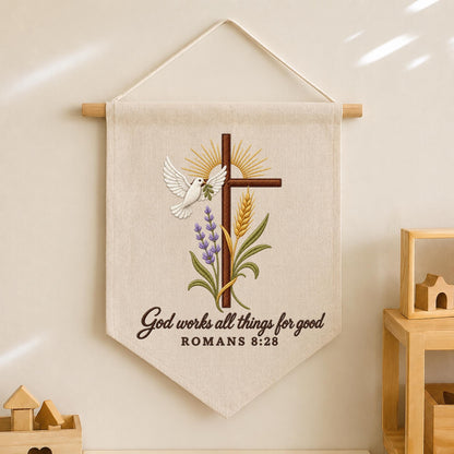 Embroidered Christian Wall Hanging Banner, Romans 8:28 Bible Verse Decor, Cross and Dove Wall Art, Faith Based Christian Home Gift