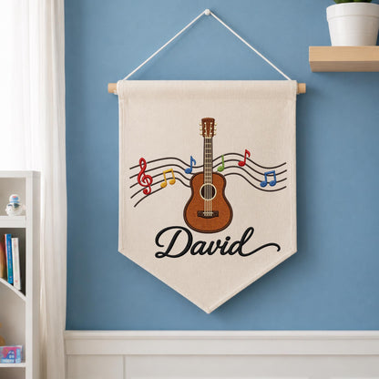 Personalized Guitar Embroidered Wall Hanging Banner, Custom Music Name Sign, Guitar Player Gift, Music Room Decor, Music Lover Gift