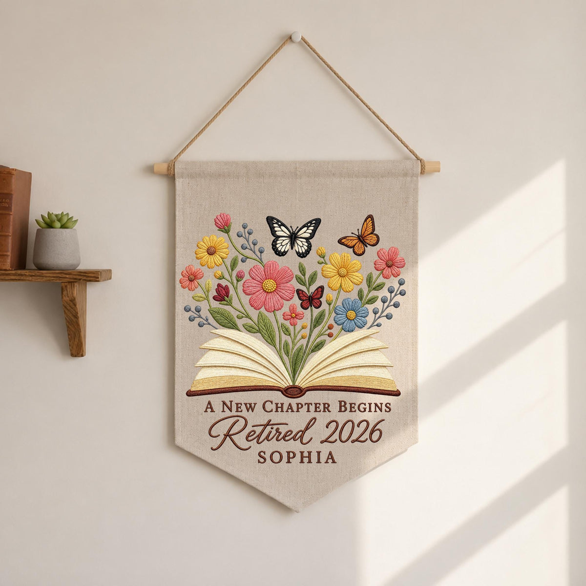 Personalized Retirement Embroidered Wall Hanging Banner, A New Chapter Begins Gift, Retired 2026 Decor, Book Lover Retirement Keepsake