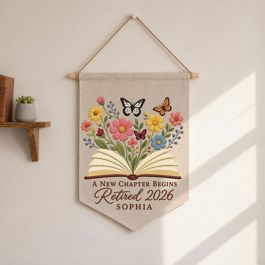 Personalized Retirement Embroidered Wall Hanging Banner, A New Chapter Begins Gift, Retired 2026 Decor, Book Lover Retirement Keepsake