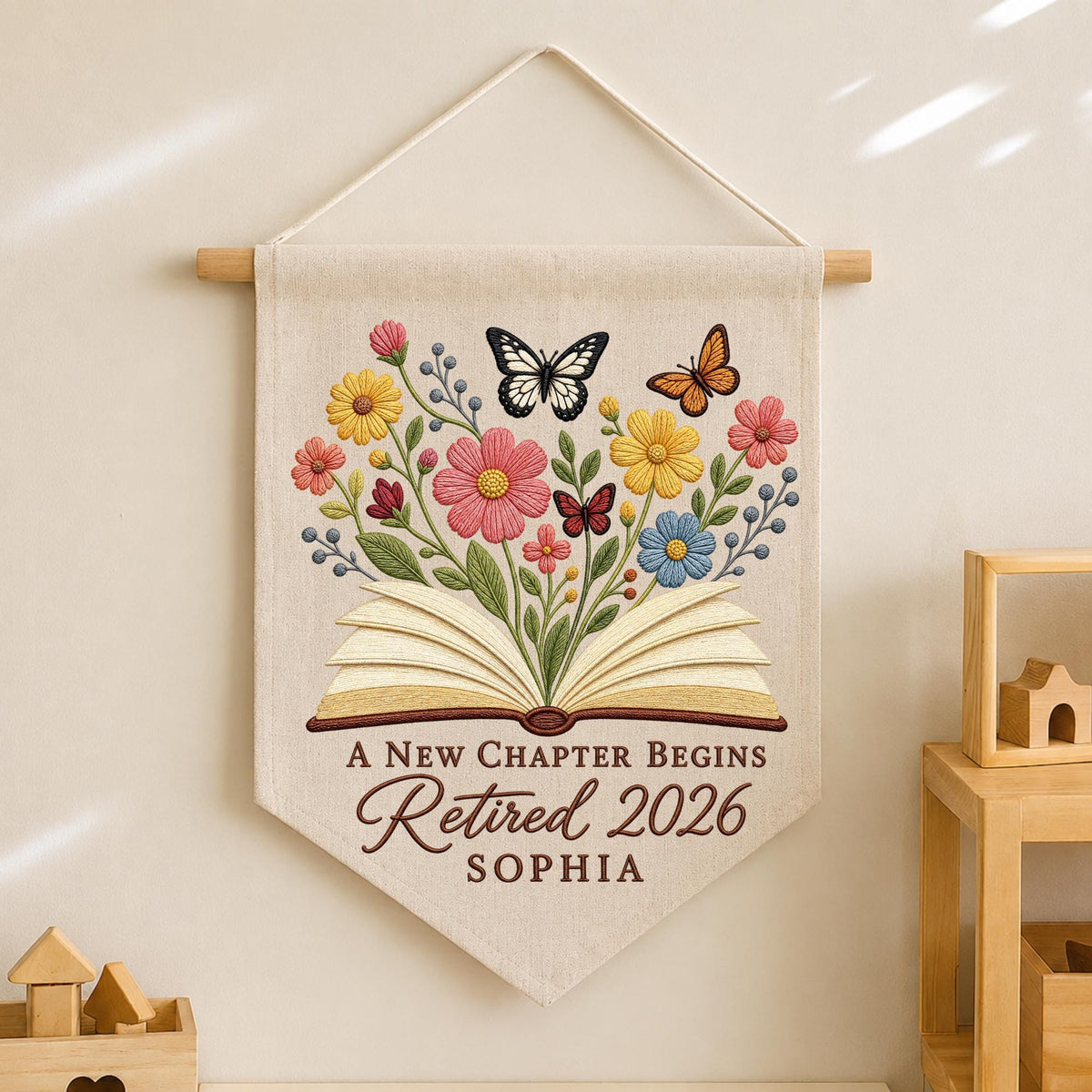 Personalized Retirement Embroidered Wall Hanging Banner, A New Chapter Begins Gift, Retired 2026 Decor, Book Lover Retirement Keepsake