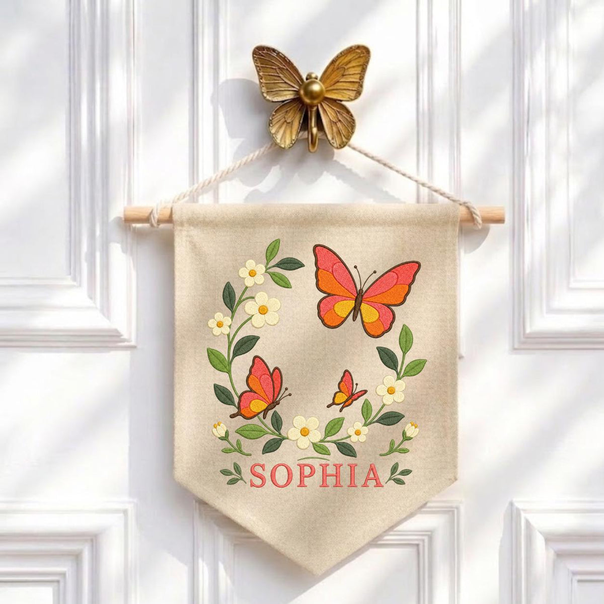 Custom Name Orange Butterfly Embroidered Canvas Banner Decor, Coral Floral Wreath Baby Girl Room Wall Hanging Sign, Baby Shower Gift