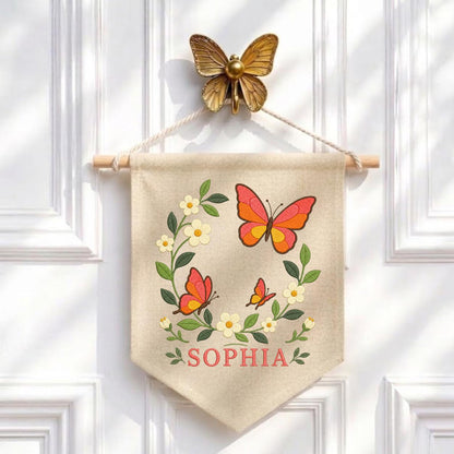 Custom Name Orange Butterfly Embroidered Canvas Banner Decor, Coral Floral Wreath Baby Girl Room Wall Hanging Sign, Baby Shower Gift