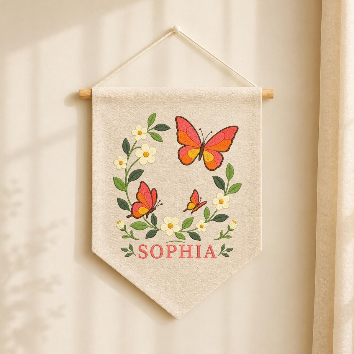 Custom Name Orange Butterfly Embroidered Canvas Banner Decor, Coral Floral Wreath Baby Girl Room Wall Hanging Sign, Baby Shower Gift