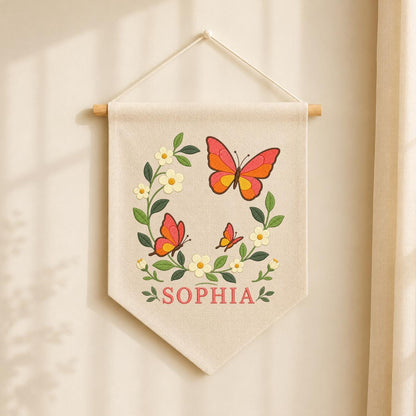 Custom Name Orange Butterfly Embroidered Canvas Banner Decor, Coral Floral Wreath Baby Girl Room Wall Hanging Sign, Baby Shower Gift