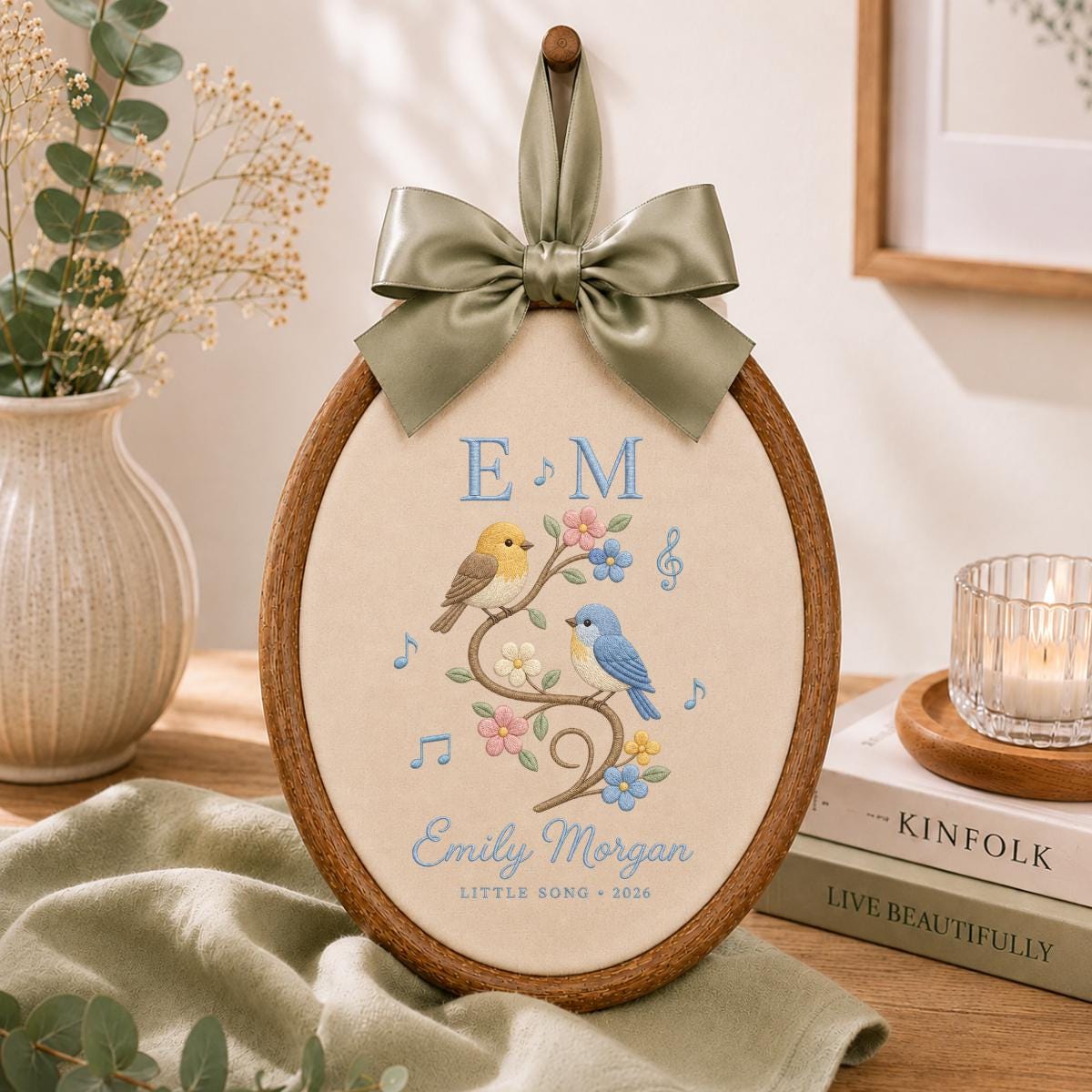 Personalized Bird Music Notes Oval Hoop Art, Custom Name Emily Morgan Little Song Embroidered Girl Nursery Wall Hanging Sign Decor