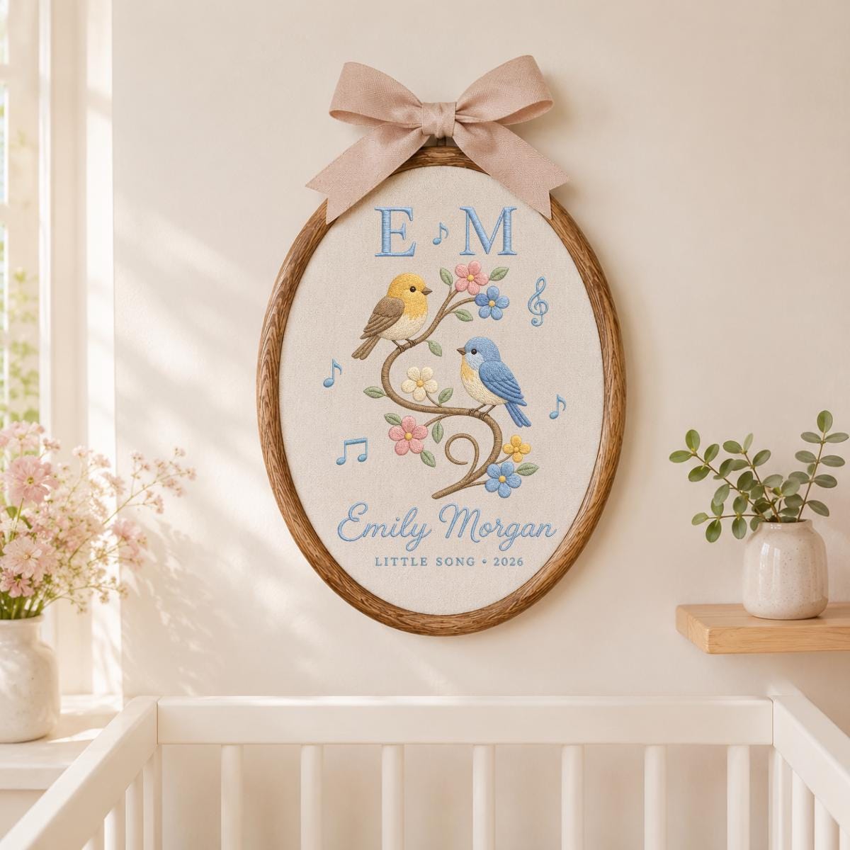 Personalized Bird Music Notes Oval Hoop Art, Custom Name Emily Morgan Little Song Embroidered Girl Nursery Wall Hanging Sign Decor