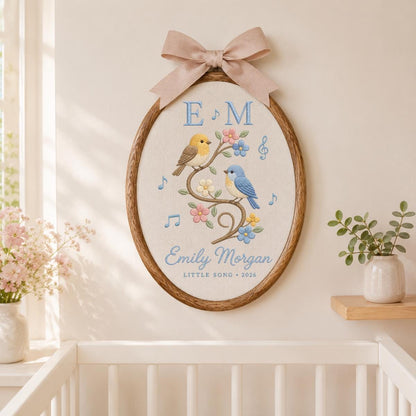 Personalized Bird Music Notes Oval Hoop Art, Custom Name Emily Morgan Little Song Embroidered Girl Nursery Wall Hanging Sign Decor