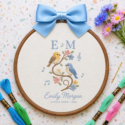 Personalized Bird Music Notes Oval Hoop Art, Custom Name Emily Morgan Little Song Embroidered Girl Nursery Wall Hanging Sign Decor