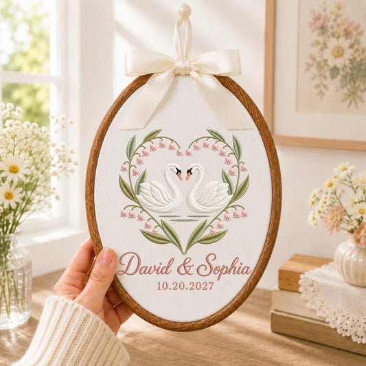 Personalized Embroidered Ornament, Swan Couple Wedding Ornament, Custom Names Wedding Gift, Anniversary Keepsake, Romantic Couple Gift