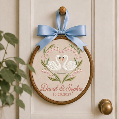 Personalized Embroidered Ornament, Swan Couple Wedding Ornament, Custom Names Wedding Gift, Anniversary Keepsake, Romantic Couple Gift