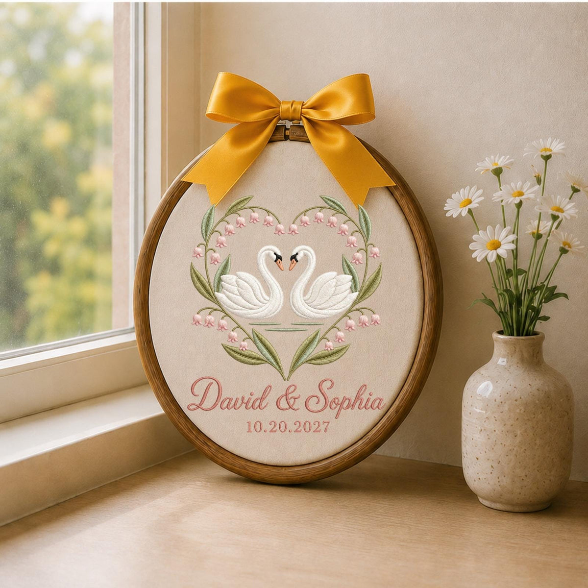 Personalized Embroidered Ornament, Swan Couple Wedding Ornament, Custom Names Wedding Gift, Anniversary Keepsake, Romantic Couple Gift