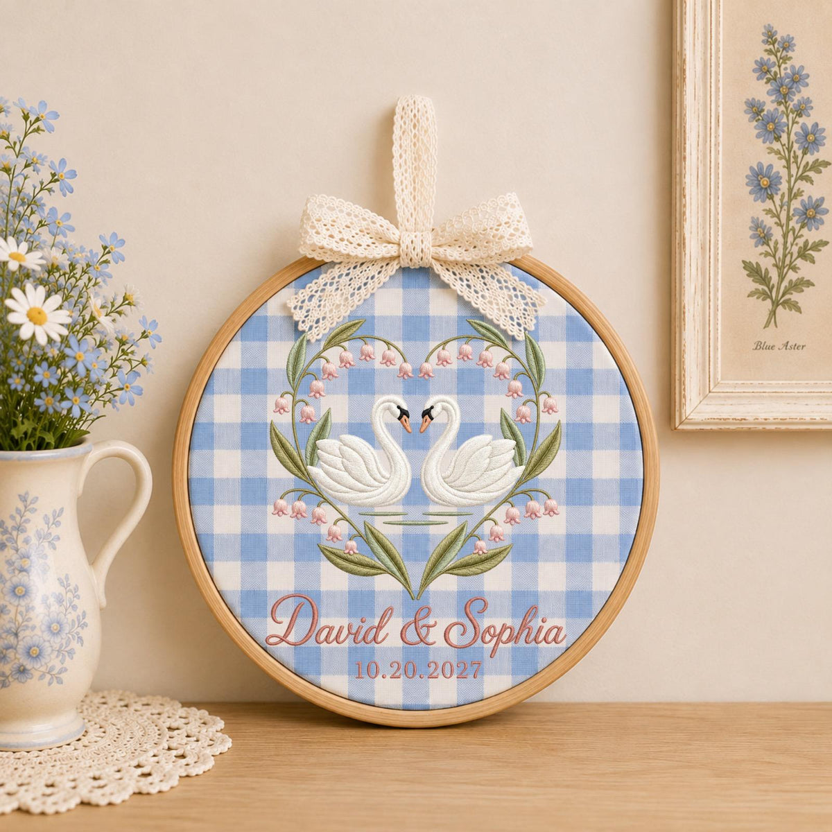 Personalized Embroidered Ornament, Swan Couple Wedding Ornament, Custom Names Wedding Gift, Anniversary Keepsake, Romantic Couple Gift