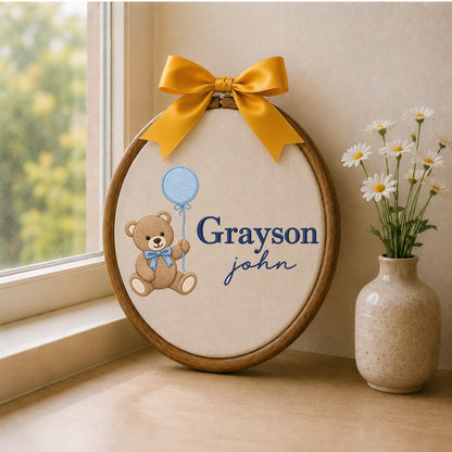 Personalized Embroidered Ornament, Teddy Bear Baby Name Ornament, Custom Nursery Decor, Baby Boy Gift, Newborn Keepsake, Baby Shower Gift