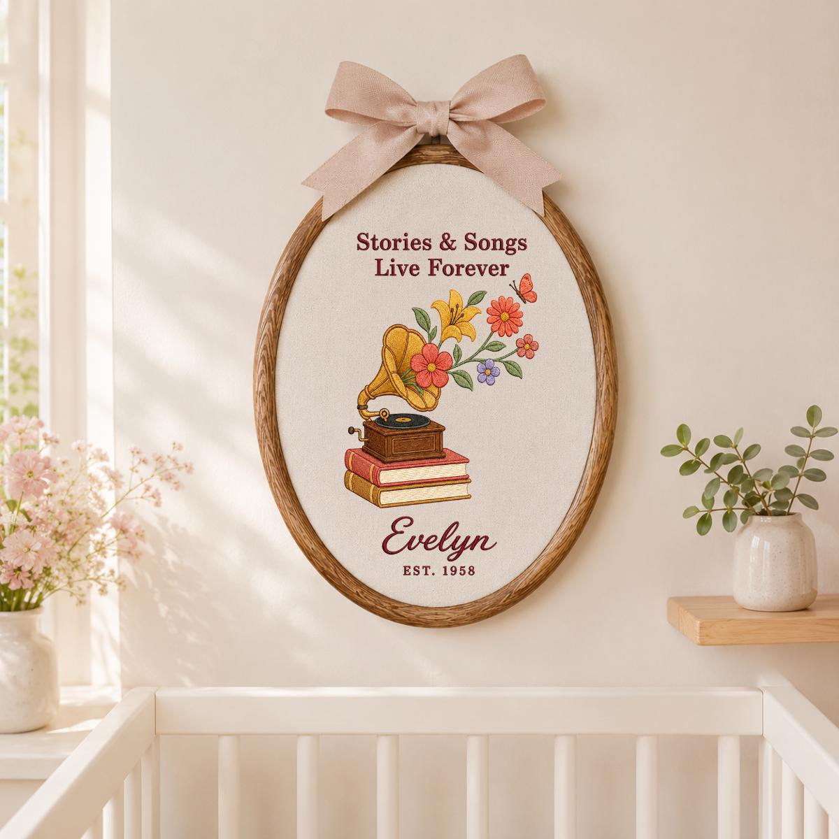 Personalized Music Book Lover Floral Gramophone Oval Hoop Decor, Stories Songs Live Forever Custom Embroidered Name Sign, Keepsake Gift