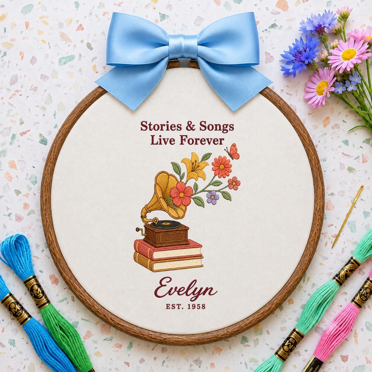 Personalized Music Book Lover Floral Gramophone Oval Hoop Decor, Stories Songs Live Forever Custom Embroidered Name Sign, Keepsake Gift