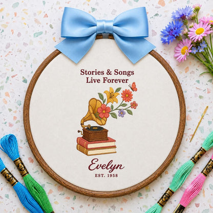 Personalized Music Book Lover Floral Gramophone Oval Hoop Decor, Stories Songs Live Forever Custom Embroidered Name Sign, Keepsake Gift