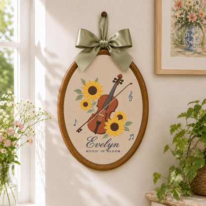 Personalized Sunflower Violinist Oval Hoop Decor, Custom Embroidered Evelyn Music in Bloom Sign, Musician Gift for Her Wall Art