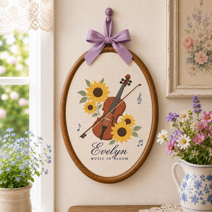 Personalized Sunflower Violinist Oval Hoop Decor, Custom Embroidered Evelyn Music in Bloom Sign, Musician Gift for Her Wall Art