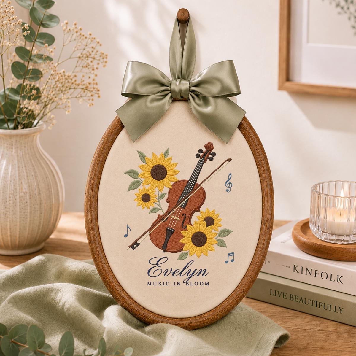Personalized Sunflower Violinist Oval Hoop Decor, Custom Embroidered Evelyn Music in Bloom Sign, Musician Gift for Her Wall Art