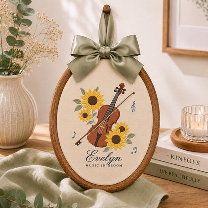 Personalized Sunflower Violinist Oval Hoop Decor, Custom Embroidered Evelyn Music in Bloom Sign, Musician Gift for Her Wall Art